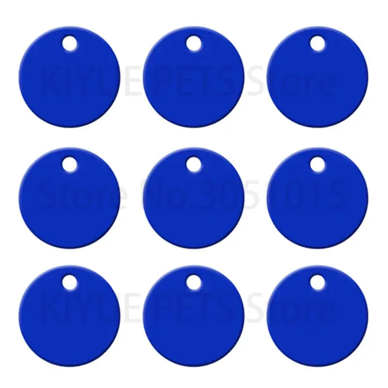 Nine vibrant royal blue round aluminum custom engraved pet id tags with attachment holes for use