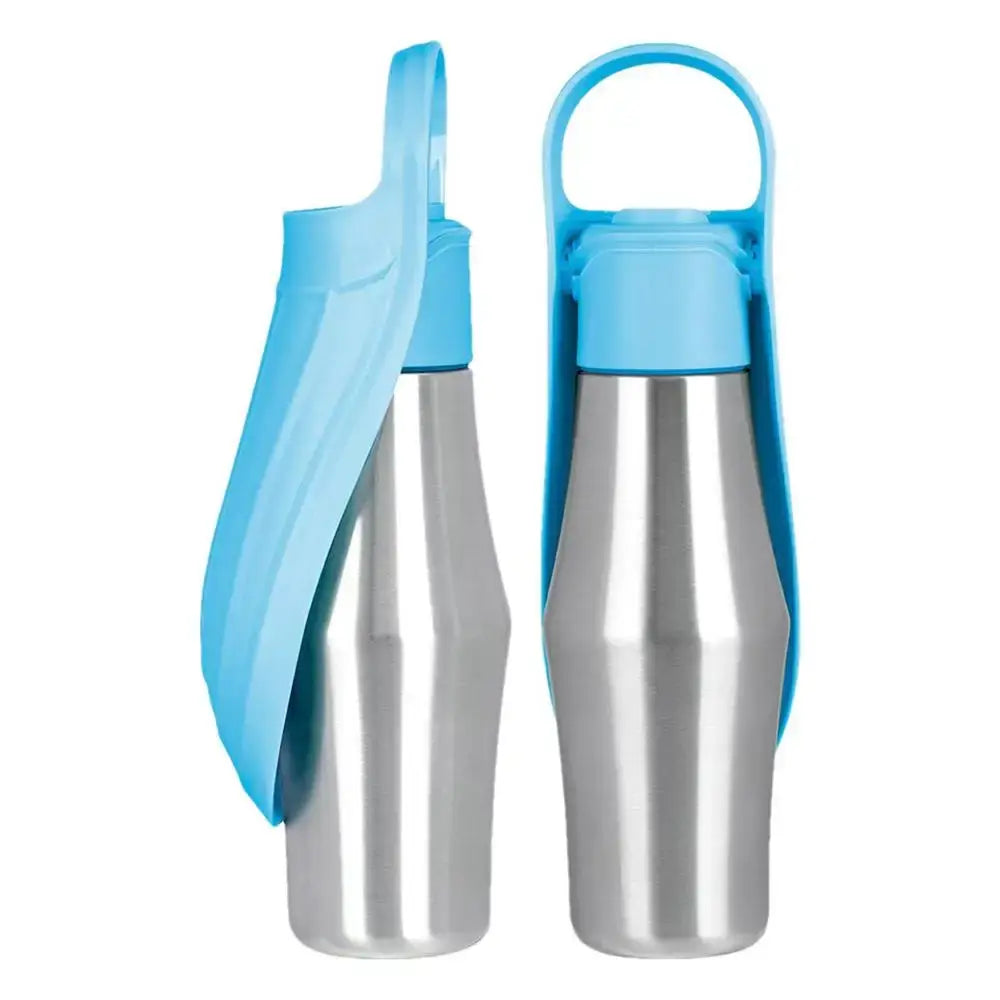 Blue silicone pet water bottle with stainless steel body and handle for travel use in a 27oz dog water bottle and bowl
