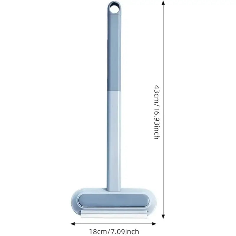 Light blue plastic 4-in-1 reusable pet hair remover squeegee with white rubber blade and looped handle
