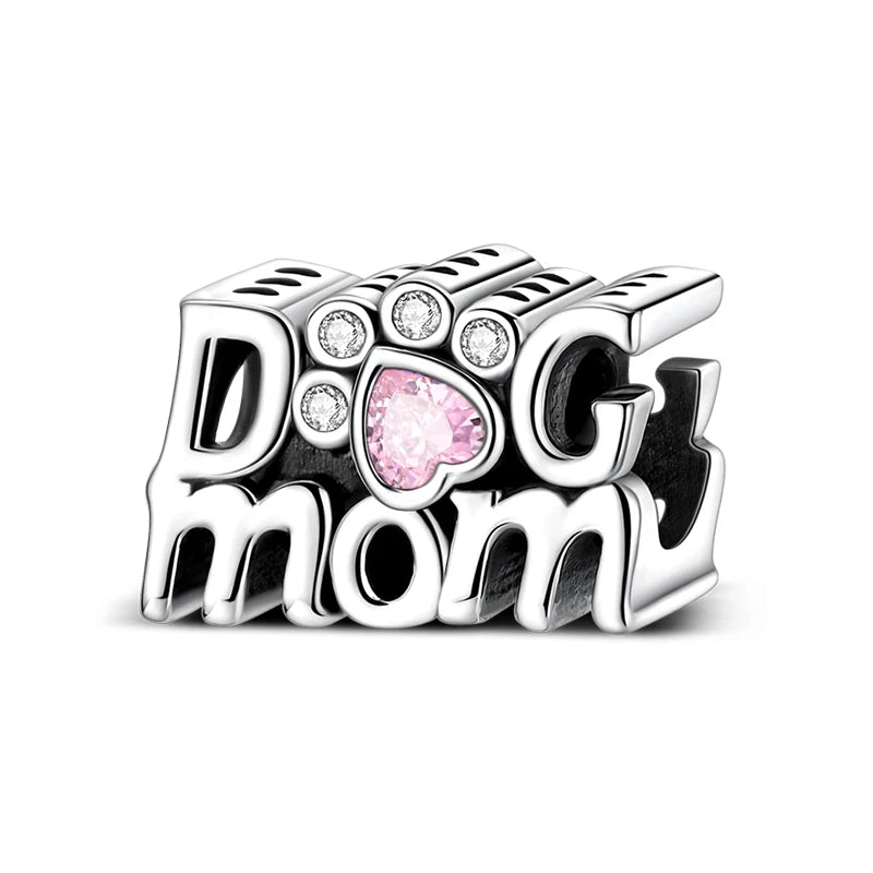 925 Silver Pink Zircon Heart Dog Claw Charm for Bracelets