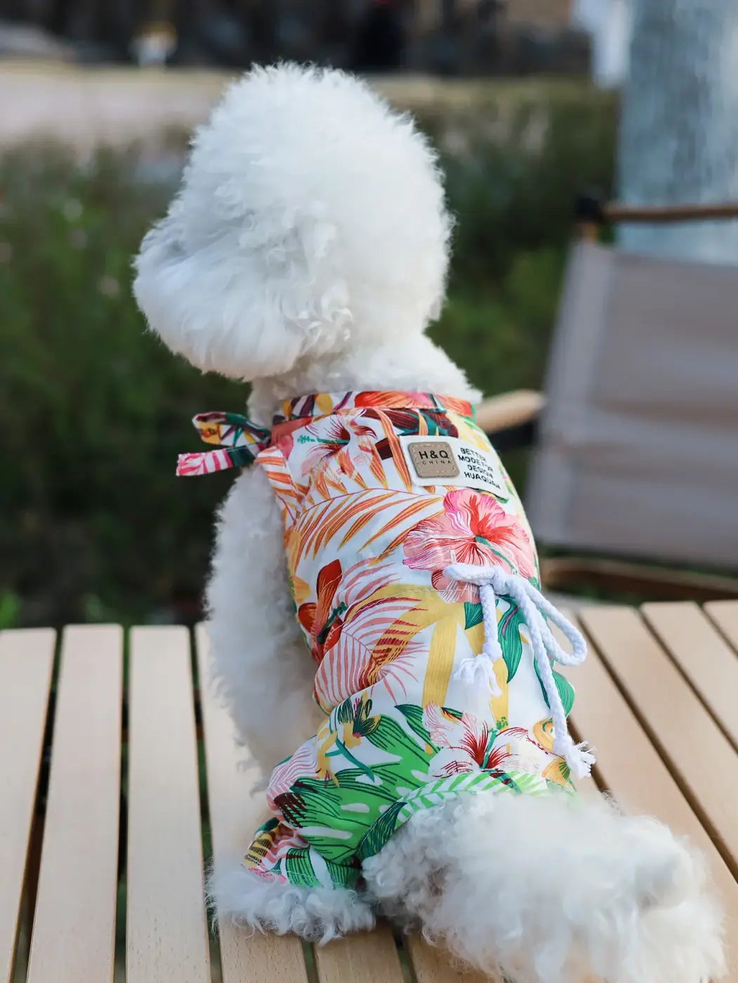 A fluffy white dog wearing a vibrant tropical print spring and summer beach style four legged jumpsuit for small pets