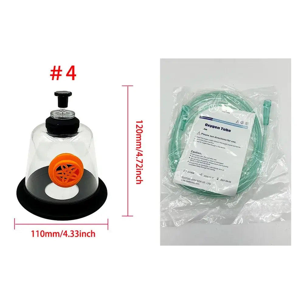Clear glass suction cup with black base and orange valve and black pump top for pet oxygen inhalation mask kit