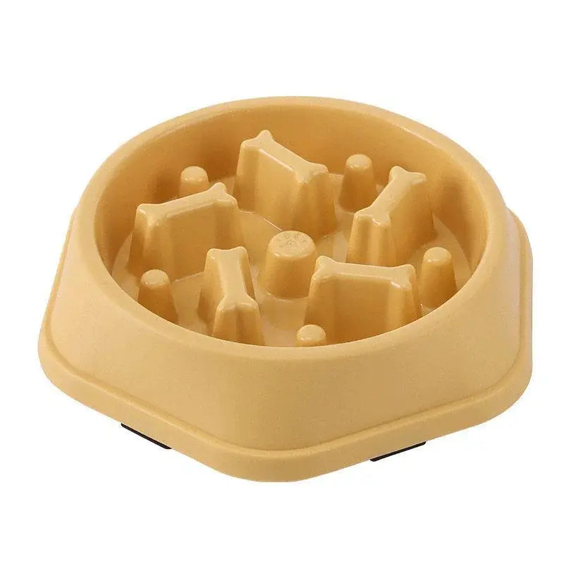 Beige plastic dog slow feeder bowl with bone shaped and cylindrical obstacles for anti choking feeding supplies