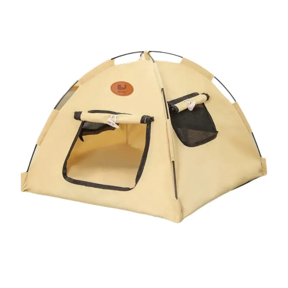 Beige portable foldable cotton cat tent house with black trim and mesh side pocket for pet comfort and convenience