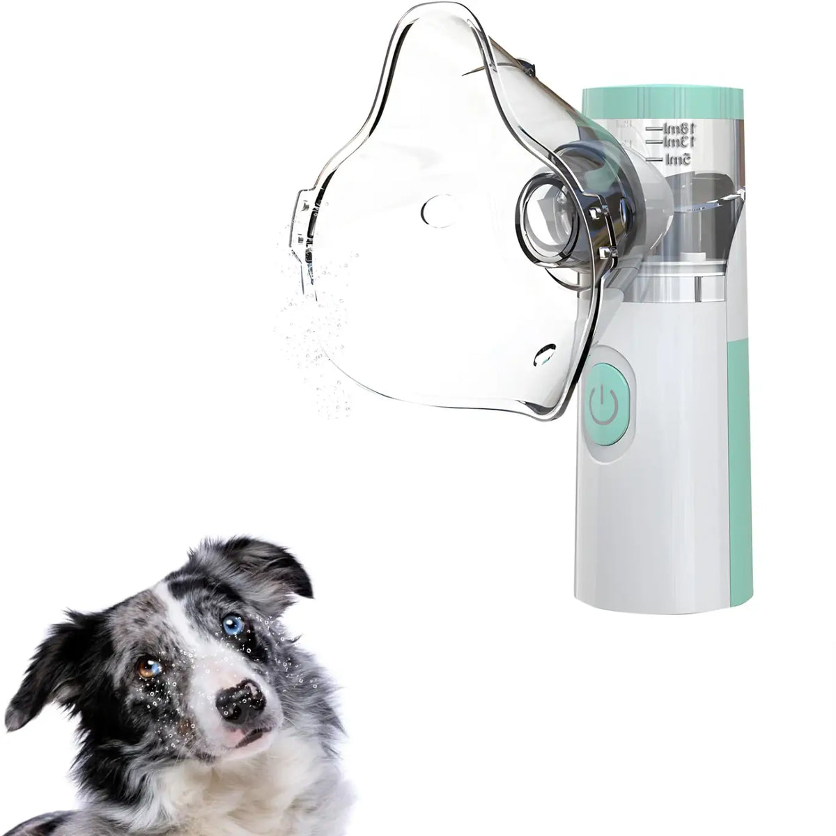 Portable pet nebulizer machine in sleek white and mint green with transparent face mask and measurement markings