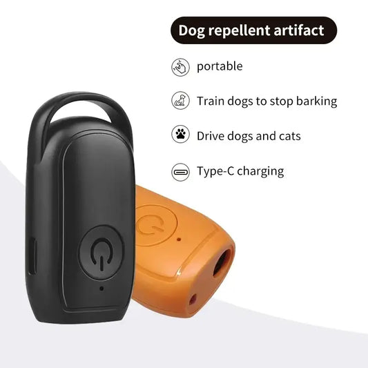 Black and orange rechargeable ultrasonic dog repeller with flashlight and type-c charging port shown from back side
