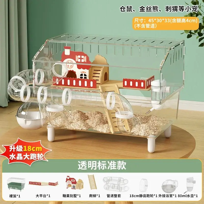 Clear acrylic hamster house with red and beige wooden accessories including house ladder and tunnels for small pets