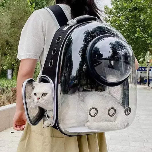 Transparent portable bubble cat carrier backpack with a transparent dome, black trim, metal accents, and mesh side pocket