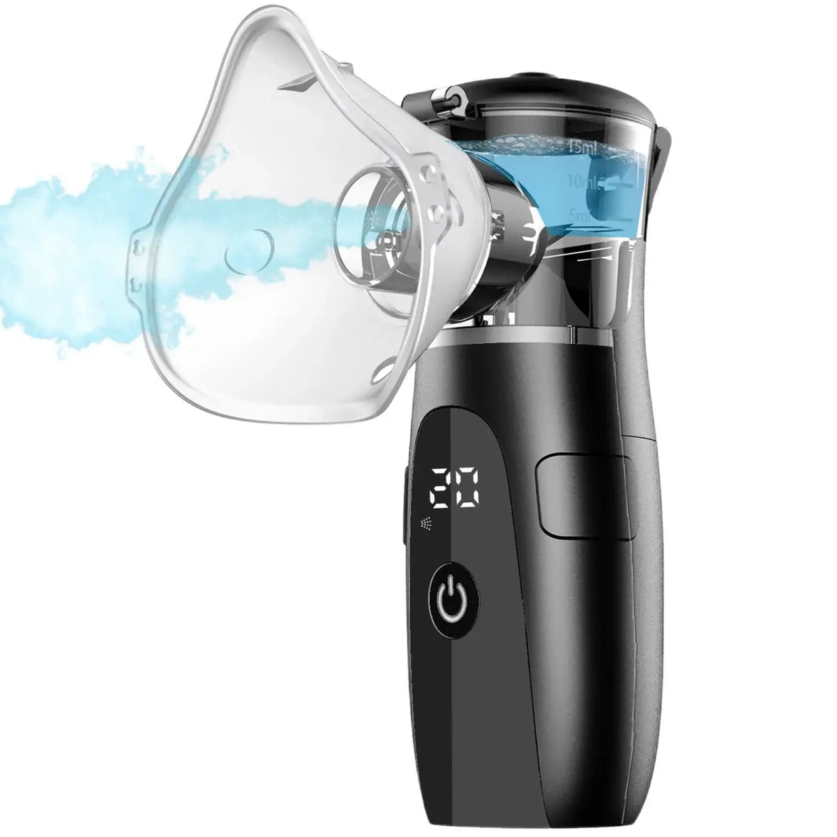 Black handheld veterinary pet asthma nebulizer with transparent face mask and digital display showing 20 seconds