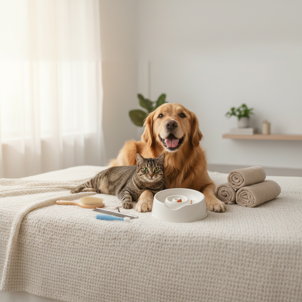 A happy dog and cat on a soft blanket surrounded by pet grooming and care products