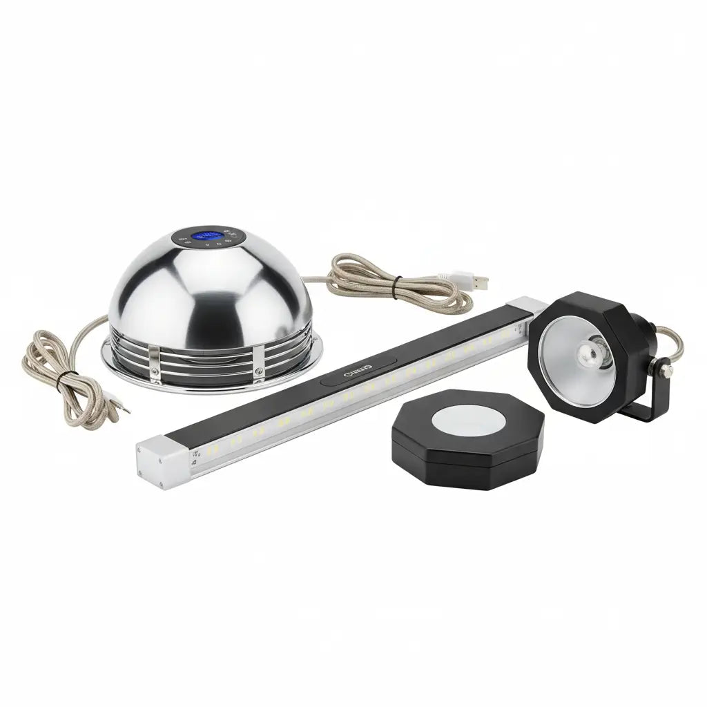 Set of modern led lighting fixtures including chrome dome spotlight black adjustable spot and slim linear bar lamp on sale