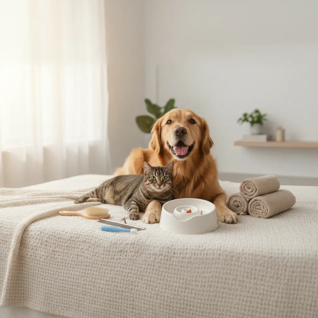 White ceramic pet bowl with central raised platform containing small food pieces for pet care use