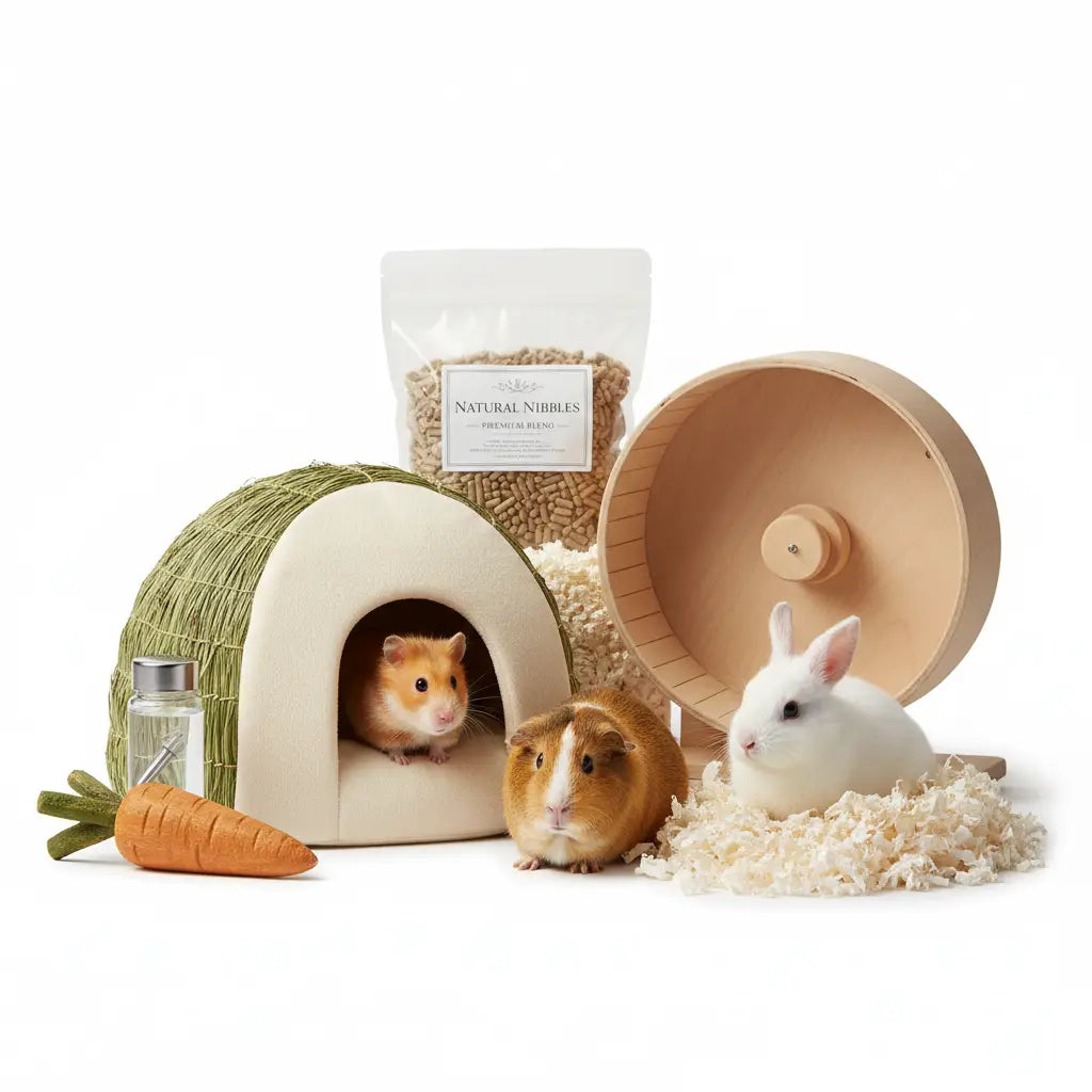 Cream-colored woven straw pet house with rounded entrance and soft interior beside a small silver water bottle