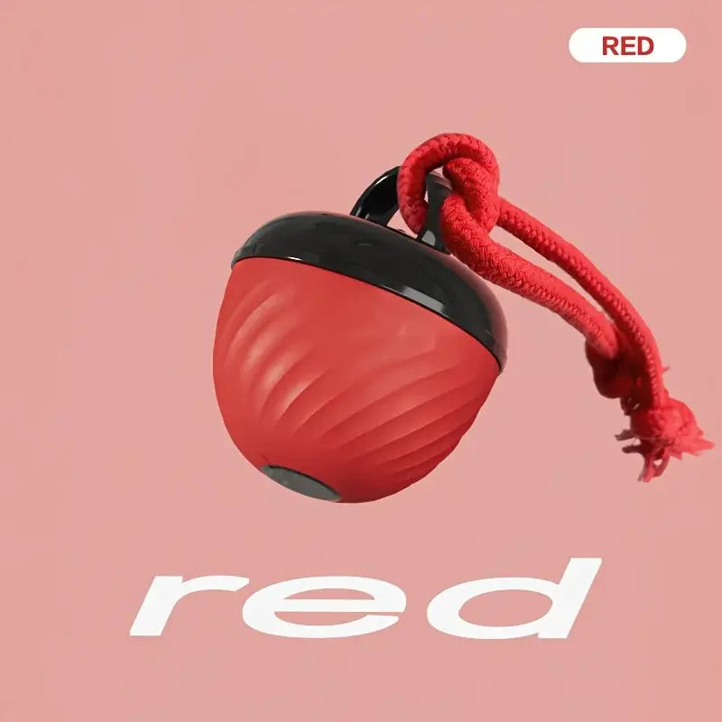 Red and black textured interactive dog ball toy with braided red rope handle usb charging bite resistant for indoor use