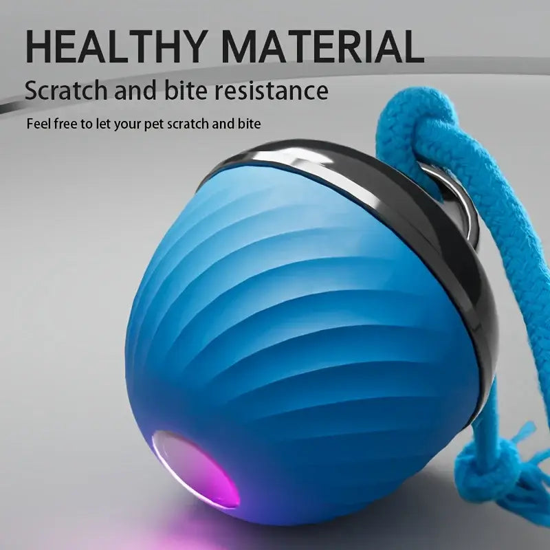 Blue ribbed plastic interactive intelligent dog ball toy with black metallic rim and glowing purple light for indoor play