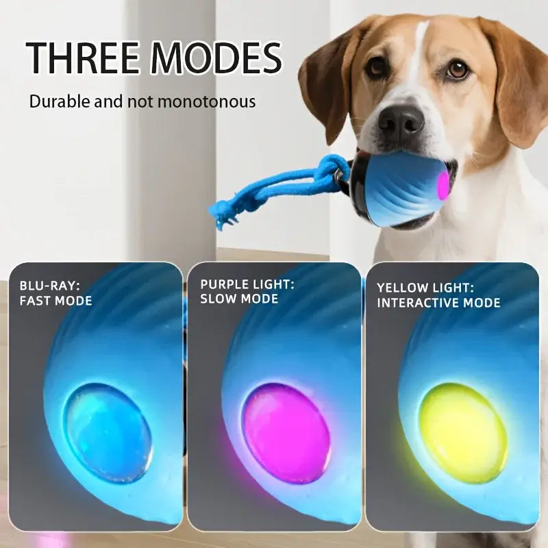 Blue glowing interactive intelligent dog ball toy with braided handle three light modes usb charging bite resistant