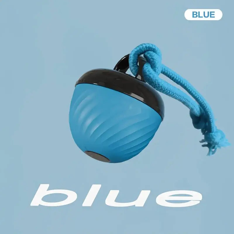Blue acorn-shaped interactive intelligent dog ball toy with black top, textured body, braided rope handle, USB charging