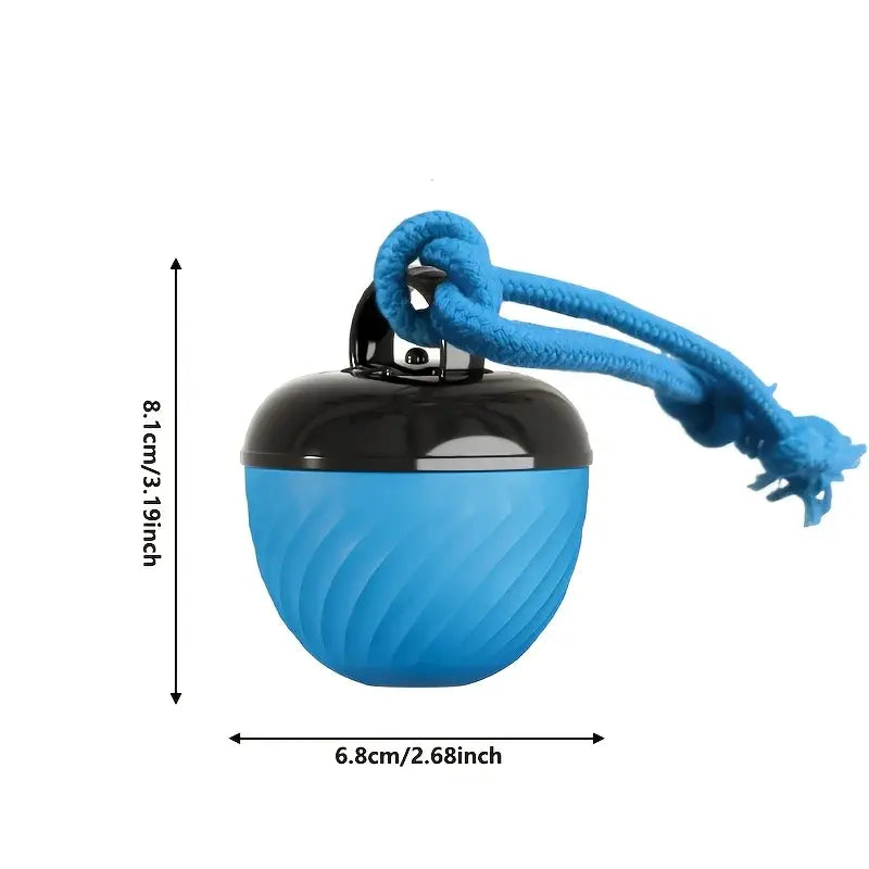 Blue and black silicone interactive intelligent dog ball toy with textured surface and braided blue rope handle for indoor play
