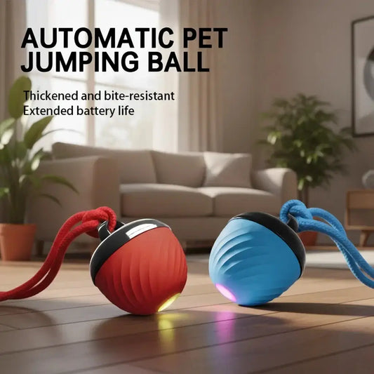 Red and blue automatic pet jumping balls with bite-resistant textured surfaces and led lights for indoor dog play