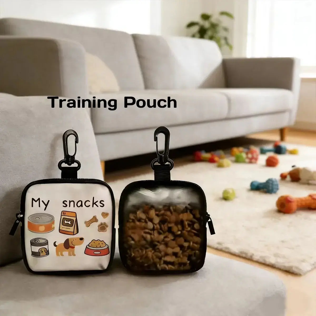 White and black dog training pouch with cartoon snack illustrations and clear side for outdoor pet training and walks