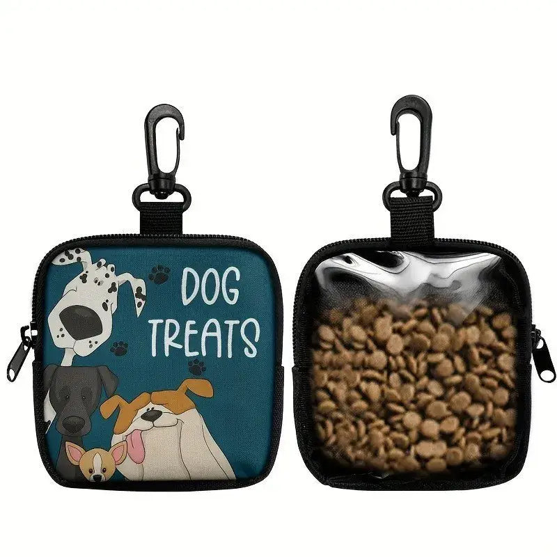 Blue dog treats pouch with black zipper and carabiner clip featuring cartoon dogs and clear window showing dry kibble