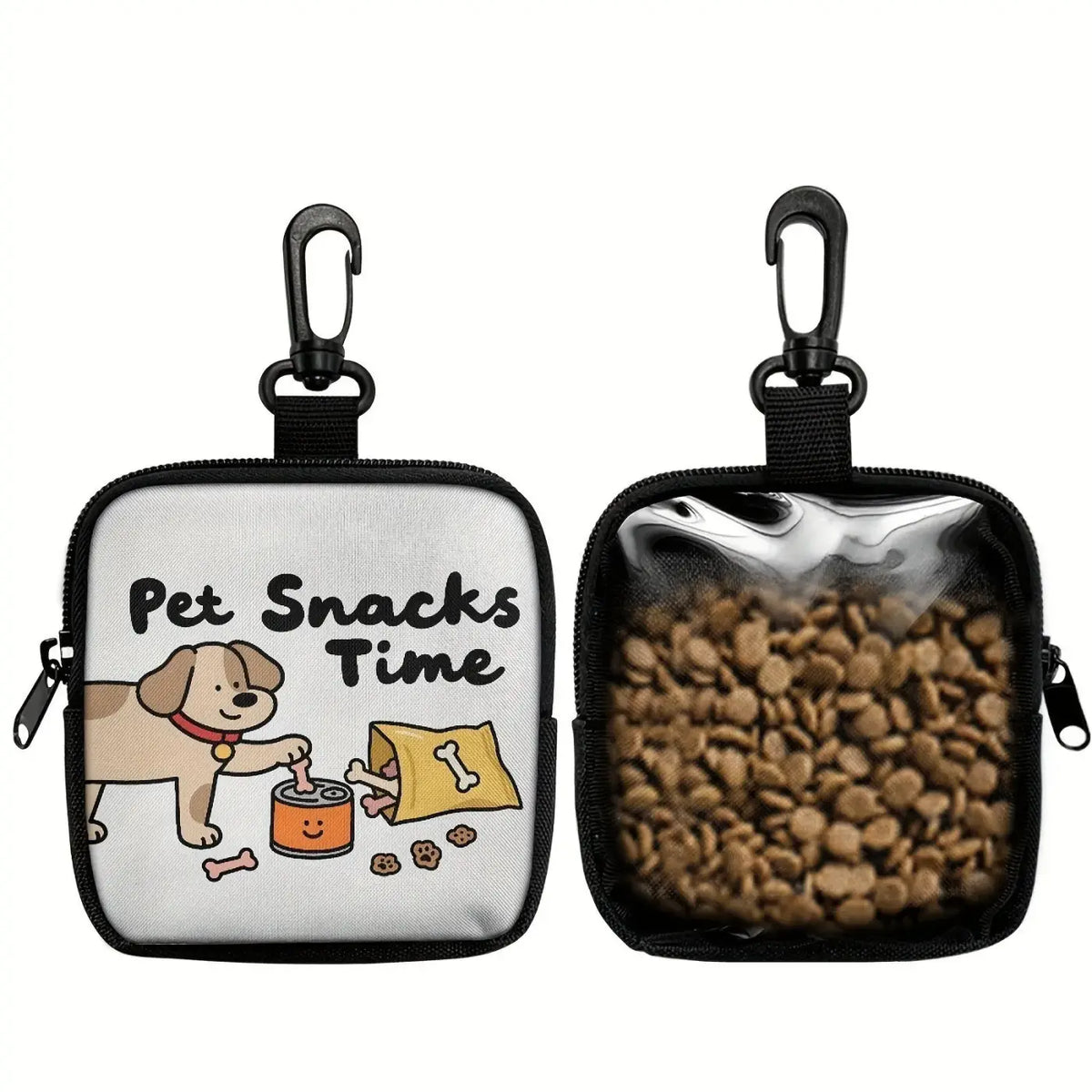 White pet snack bag with black zipper carabiner clip cartoon dog print and window showing brown kibble for dog training