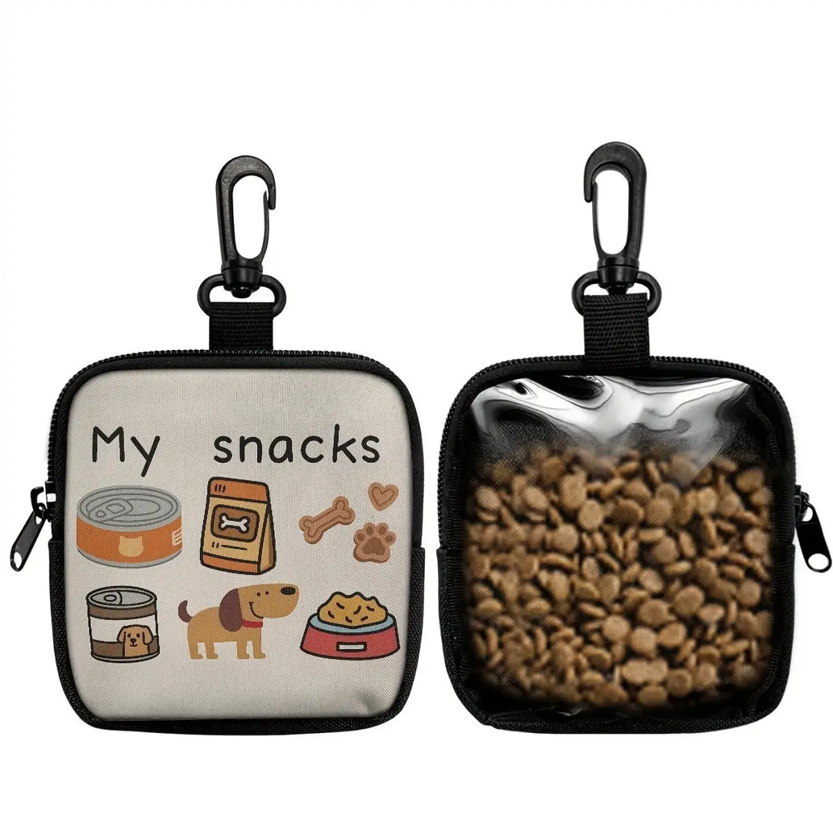A beige fabric pet snack bag with cartoon dog food prints a clear window black zipper and carabiner for outdoor training