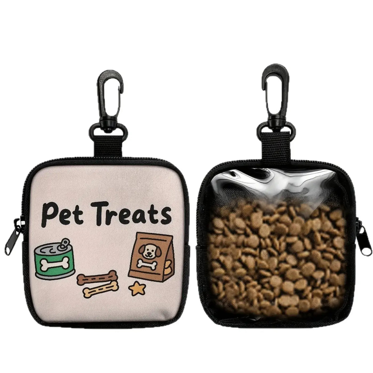 Beige pet snack bag with black zipper carabiner featuring cartoon dog food design and clear window showing brown kibble