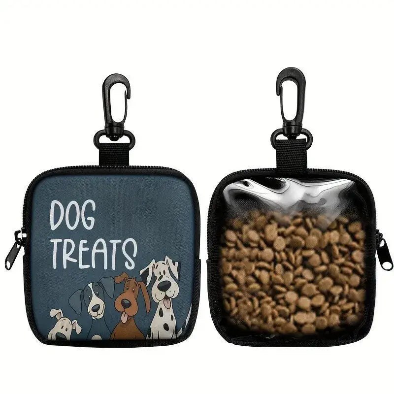 Blue dog treats pouch with cartoon dogs and clear front panel filled with brown kibble for outdoor training use