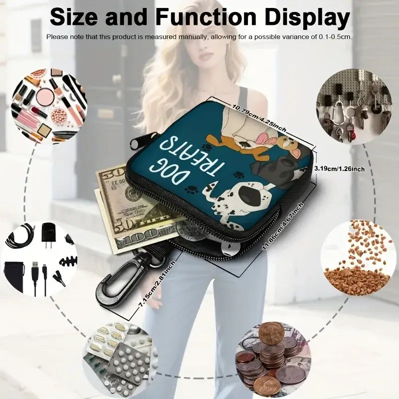 Navy blue pet snack bag with cartoon dog print treats paw prints black zippers silver hardware for dog training walks