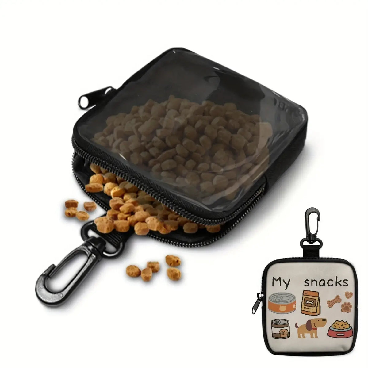 Black transparent zippered pet snack bag with carabiner clip and cartoon dog design for outdoor dog training