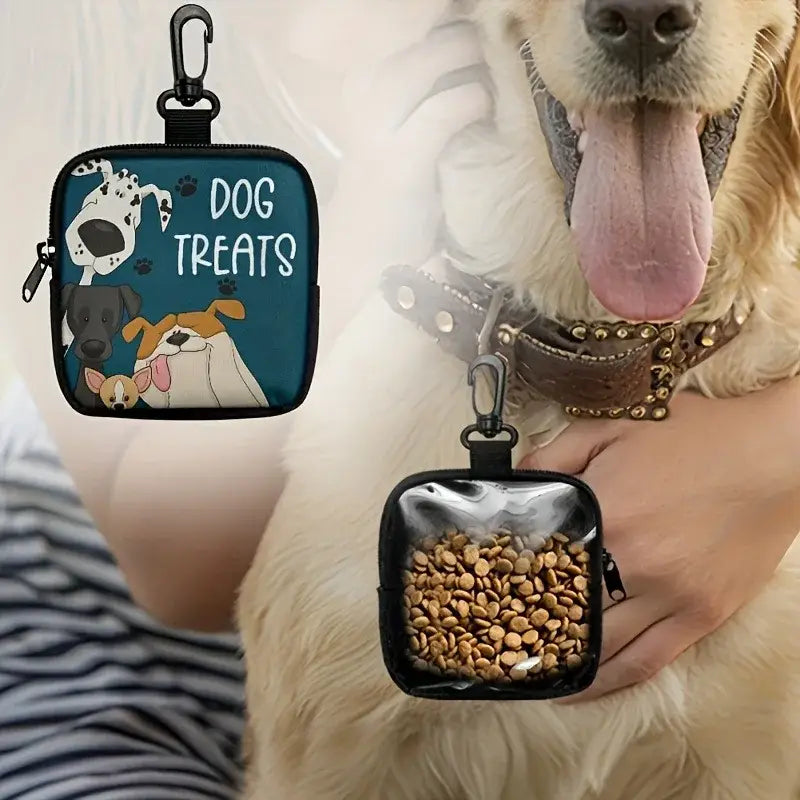 Black and teal dog treats pouch with cartoon dogs design and clear window for viewing kibble for outdoor training