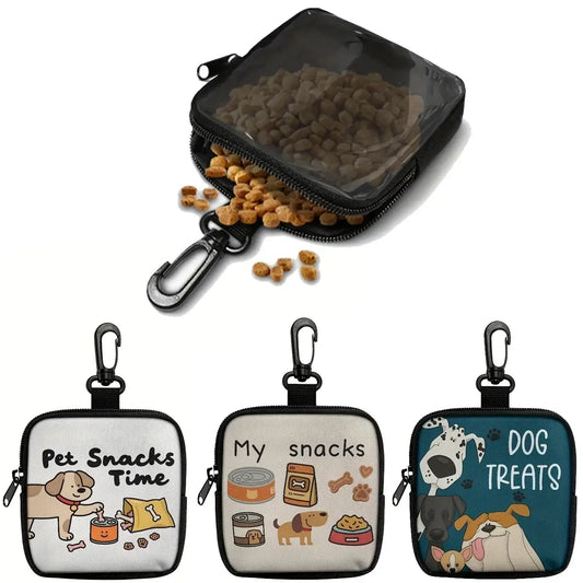 Black zipper pouch with transparent top and clip featuring cartoon dog designs for portable dog training and walks