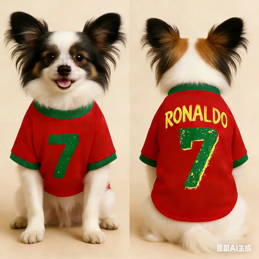 Back side of a soft breathable red and green ronaldo 7 pet dog soccer jersey with yellow distressed lettering