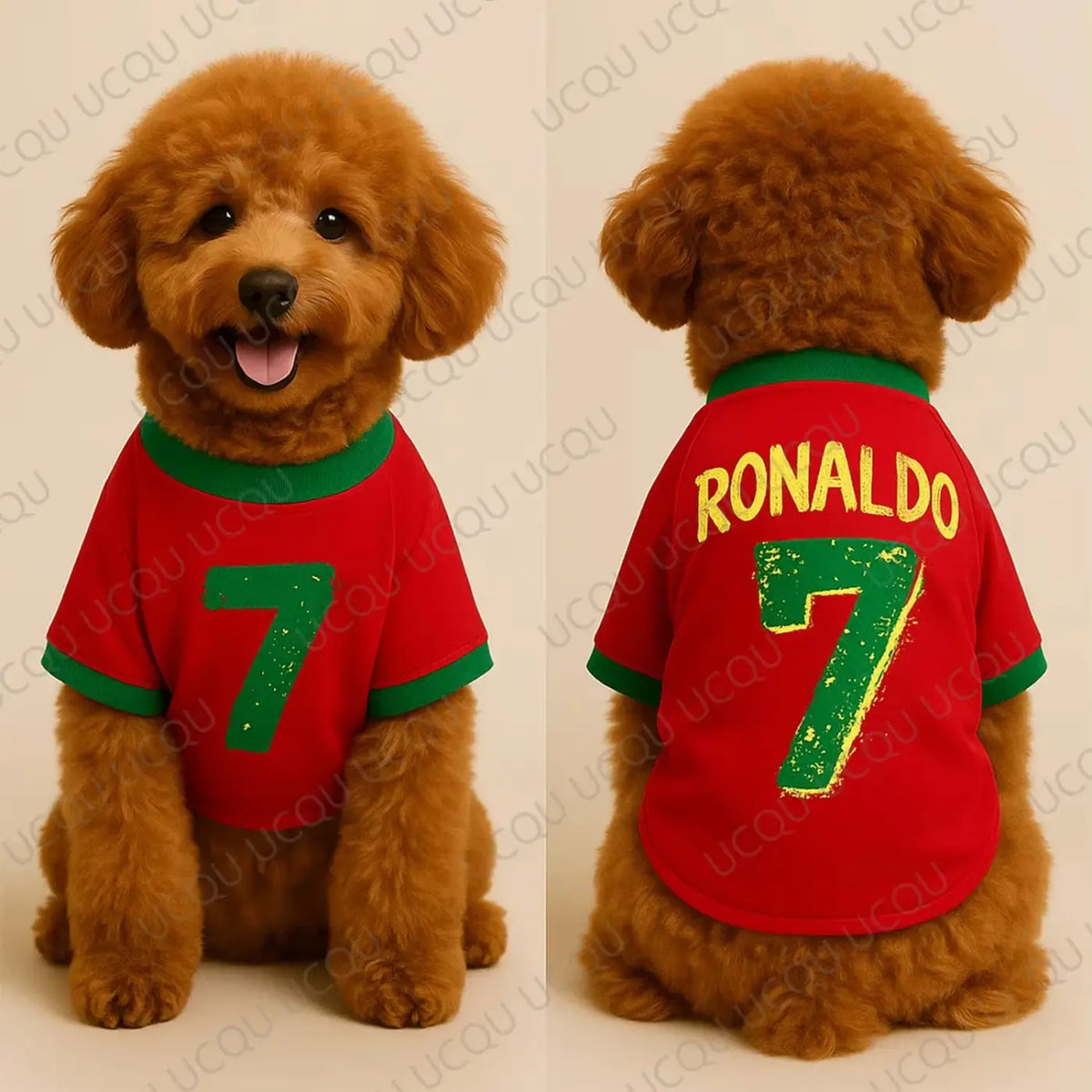 Red and green soft breathable pet dog jersey with ronaldo 7 yellow and green lettering for sports fans