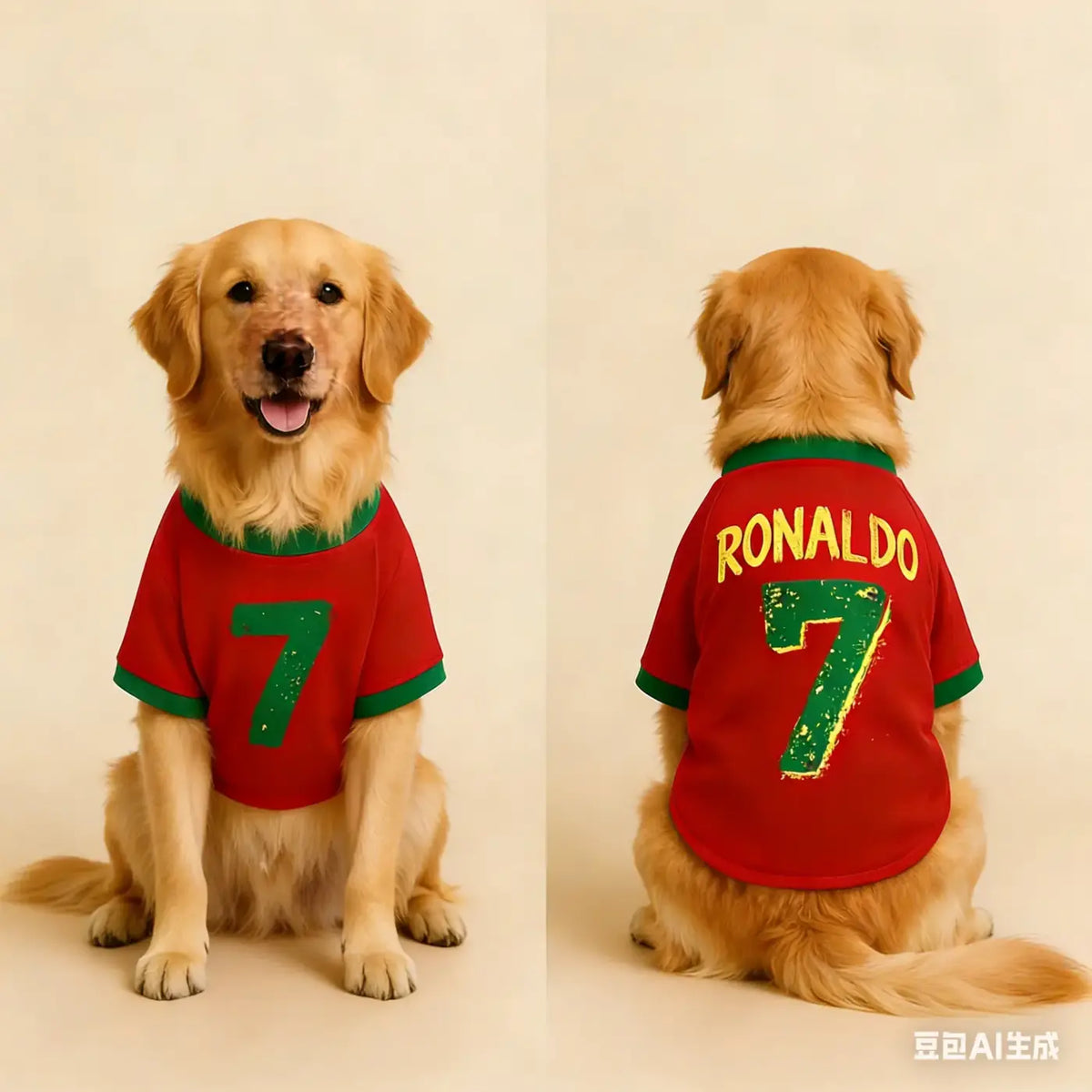 Red and green soft breathable dog jersey with ronaldo 7 printed in yellow and green for sports fans