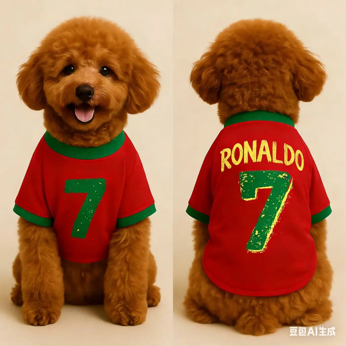 Red and green soft breathable pet dog jersey with ronaldo 7 glittery yellow and green lettering on the back