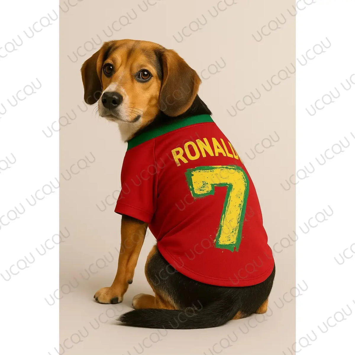 Back side of a red pet dog jersey with green trim and yellow ronaldo 7 print soft breathable football jersey for pets