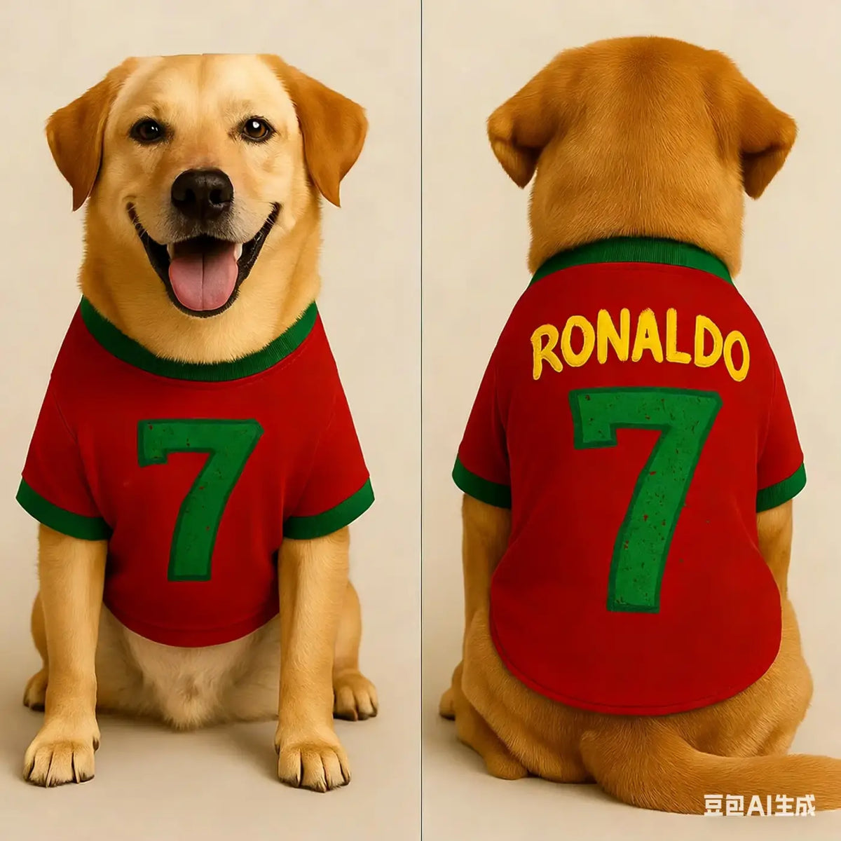 Back of a red soft breathable pet dog jersey with green trim and ronaldo 7 in yellow and green lettering
