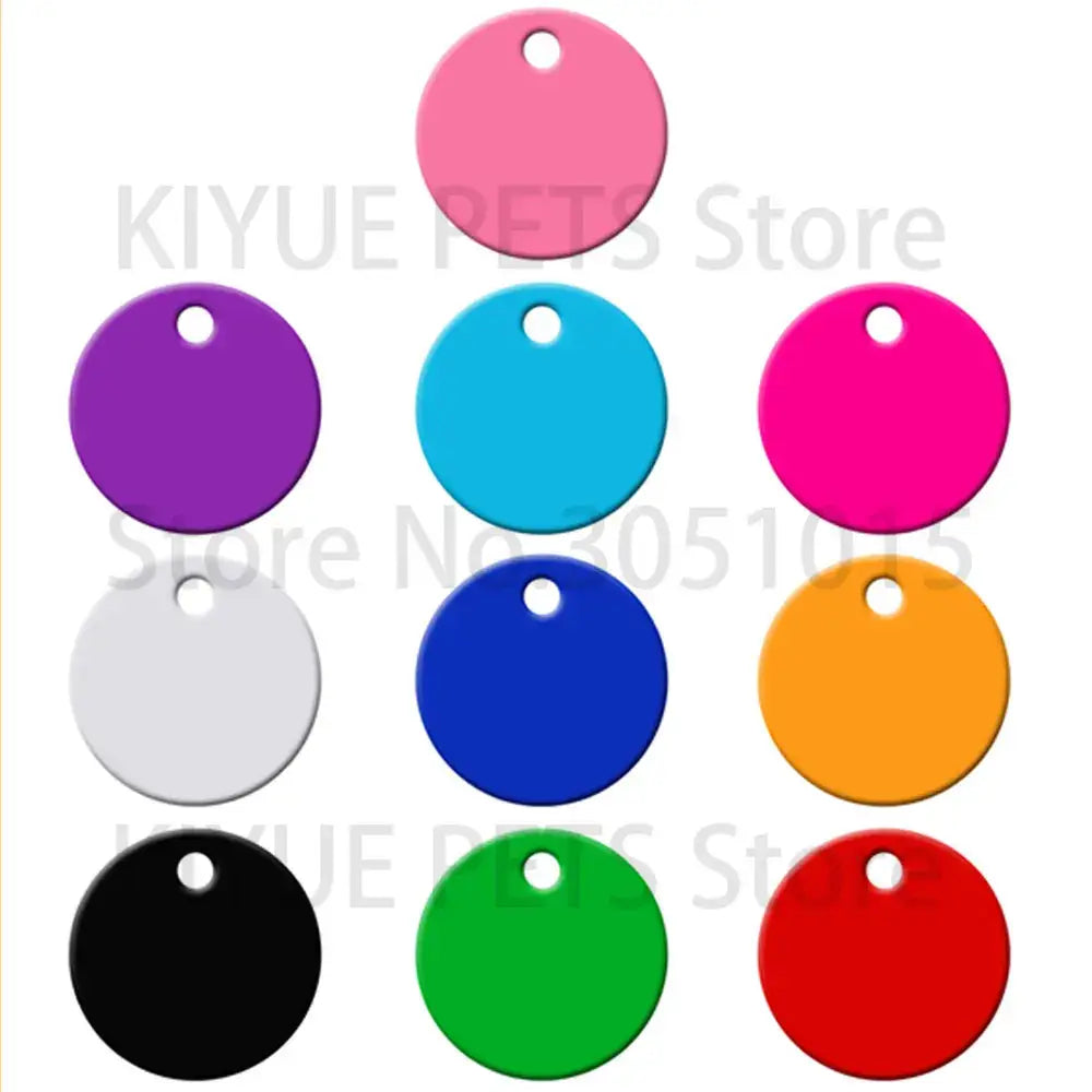 A collection of 20pcs round aluminum custom engraved pet id tags in vibrant pink purple blue orange green red and black colors