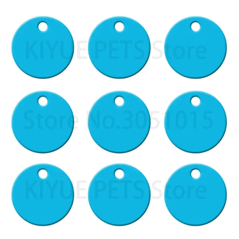 Bright blue round aluminum pet id tags with holes for attachment 20pcs custom engraved set