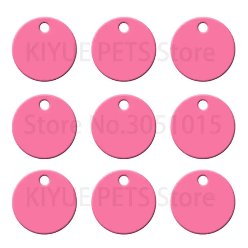 Nine bright pink round aluminum custom engraved pet id tags with attachment hole in 20pcs set