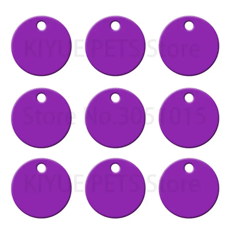 Nine vibrant purple round aluminum custom engraved pet id tags with attachment hole for easy use