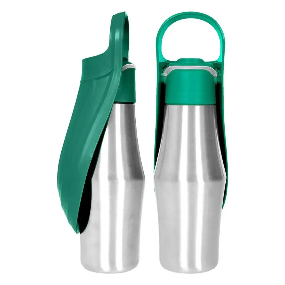 27oz stainless steel travel dog water bottle and bowl in green with handle and spout for easy pet hydration