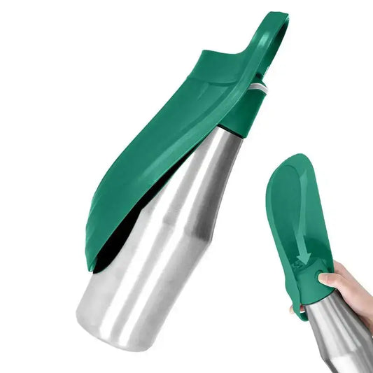 27oz stainless steel travel dog water bottle with green plastic top and adjustable ergonomic handle for outdoor use