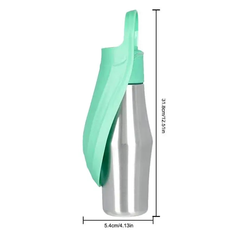 A sleek silver stainless steel 27oz travel dog water bottle with a mint green silicone lid and handle
