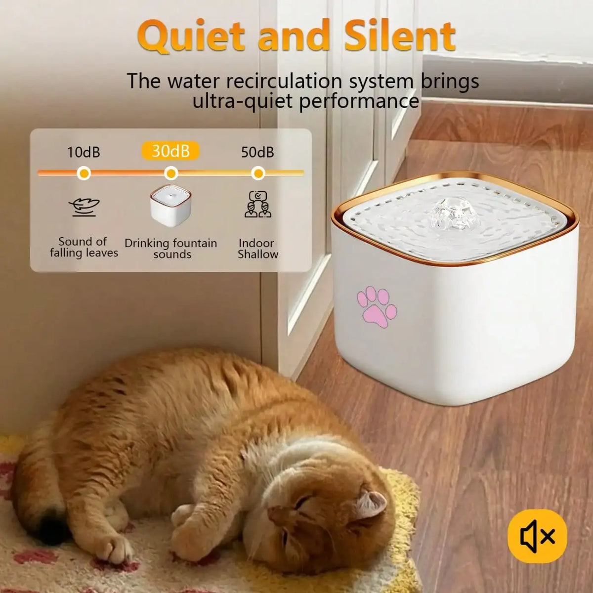 White ceramic 3L quiet automatic pet water fountain with gold trim and pink paw print design for pets