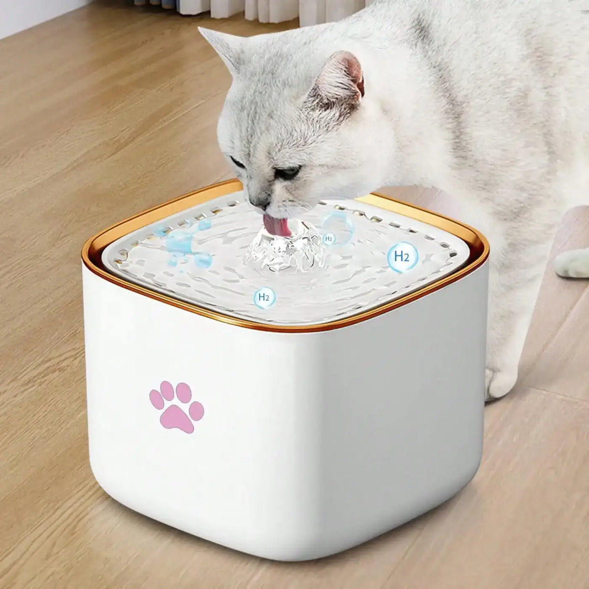 White 3l quiet automatic pet water fountain with gold trim and pink paw print design for pets