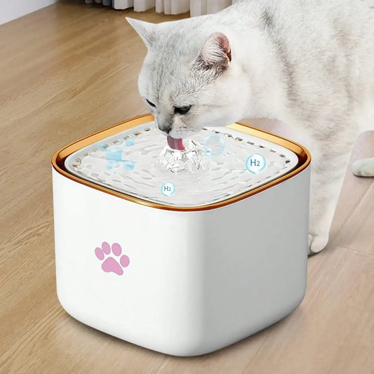 White 3l quiet automatic pet water fountain with gold trim and pink paw print design for pets