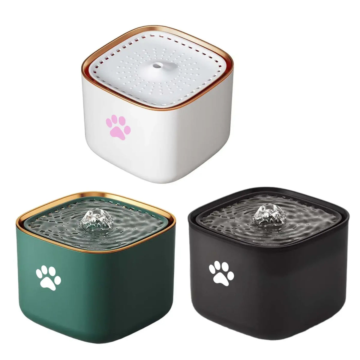 3l quiet automatic pet water fountains in white green and black with gold trim and paw print decals